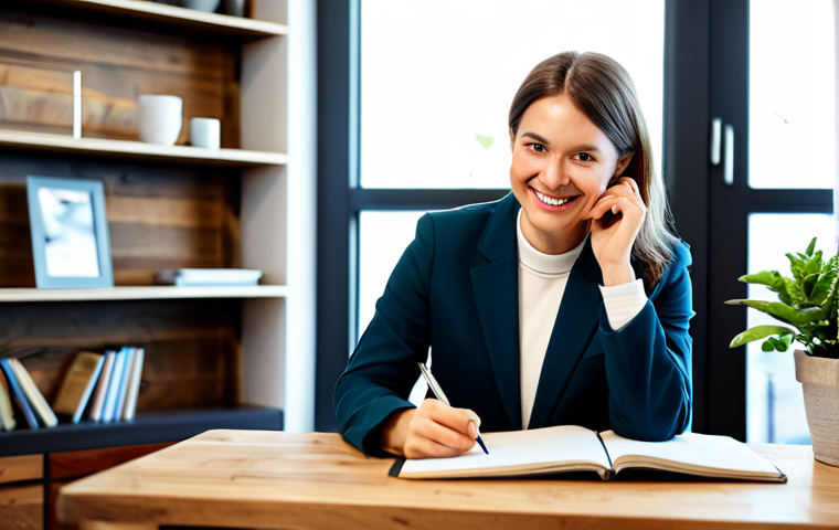 A professional individual, gender-neutral, in their late 30s, dressed in a modest, elegant blazer and tailored trousers. They are seated at a polished wooden desk, holding a stylus to a tablet on which a vibrant, appealing culinary image is displayed, while a warm, genuine smile plays on their lips, as if connecting with their audience. Their other hand rests on a notebook beside a cup of coffee. The setting is a cozy, well-lit modern home studio with soft natural light streaming through a window, a tasteful bookshelf in the background, and a few healthy potted plants. perfect anatomy, correct proportions, natural pose, well-formed hands, proper finger count, professional photography, high resolution, soft focus background, fully clothed, appropriate attire, modest clothing, safe for work, appropriate content, family-friendly.