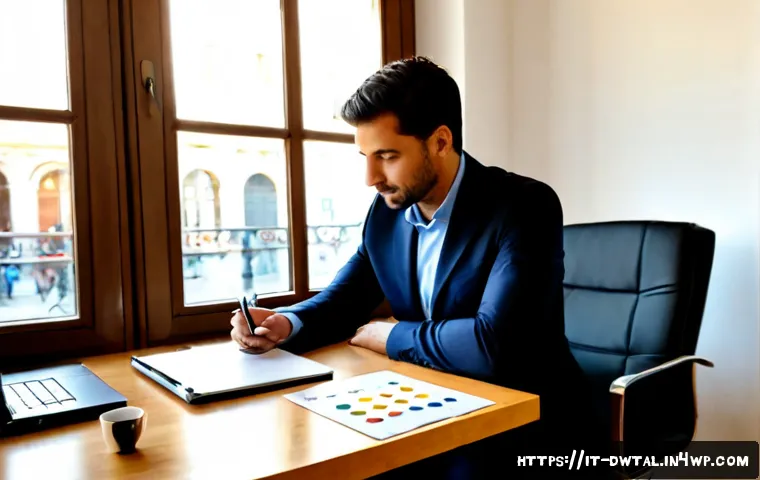 Home 15 명성 관리 전략 수립을 위한 체크리스트 - Photorealistic Italian small business owner in a bright Milan office, calmly reviewing a reputation ...